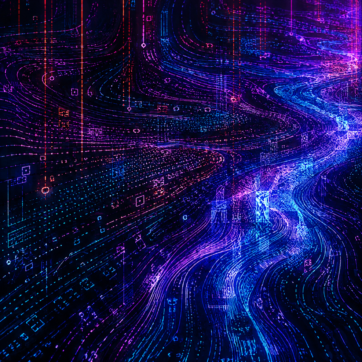 Artwork: flowing blue and violet light on a dark background.